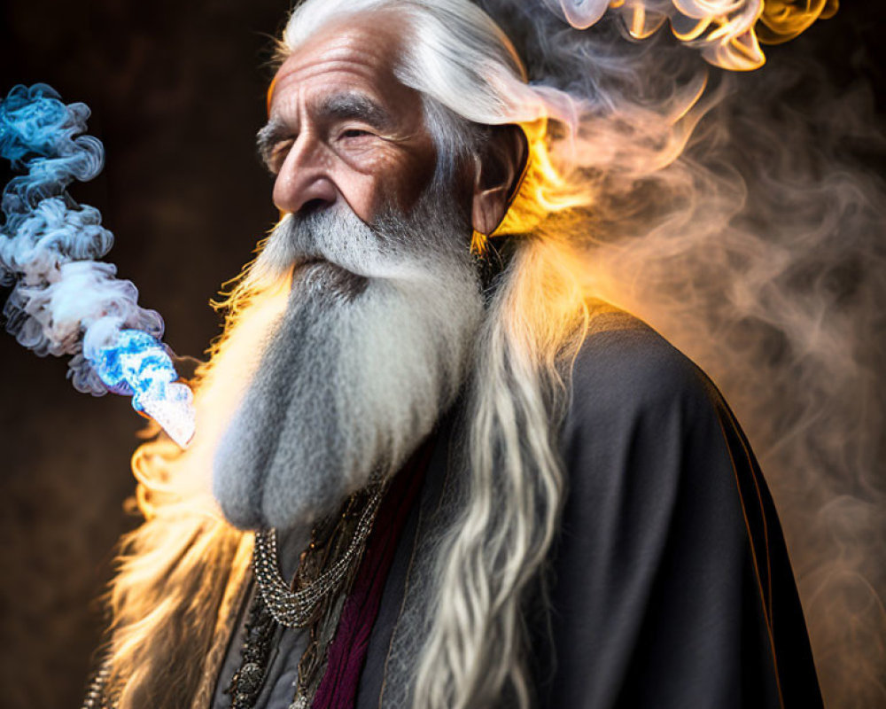 Elderly man exhales colorful smoke in cloak and necklaces