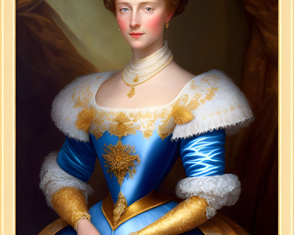 Woman in Royal Blue Dress with Gold Embroidery and Crown Portrait