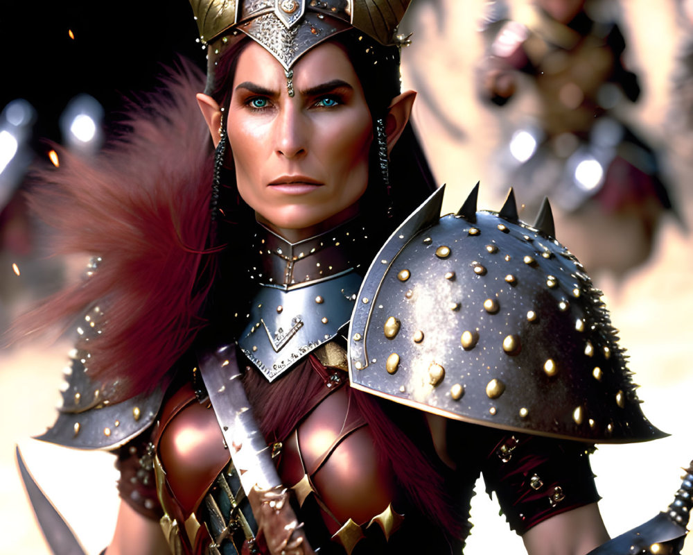 Elf warrior in horned helmet and armor, ready for battle with troops in background