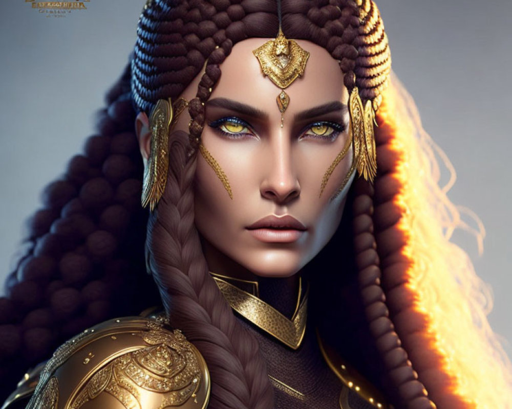 Digital artwork of woman with braided brown hair, blue eyes, gold jewelry, and regal armor