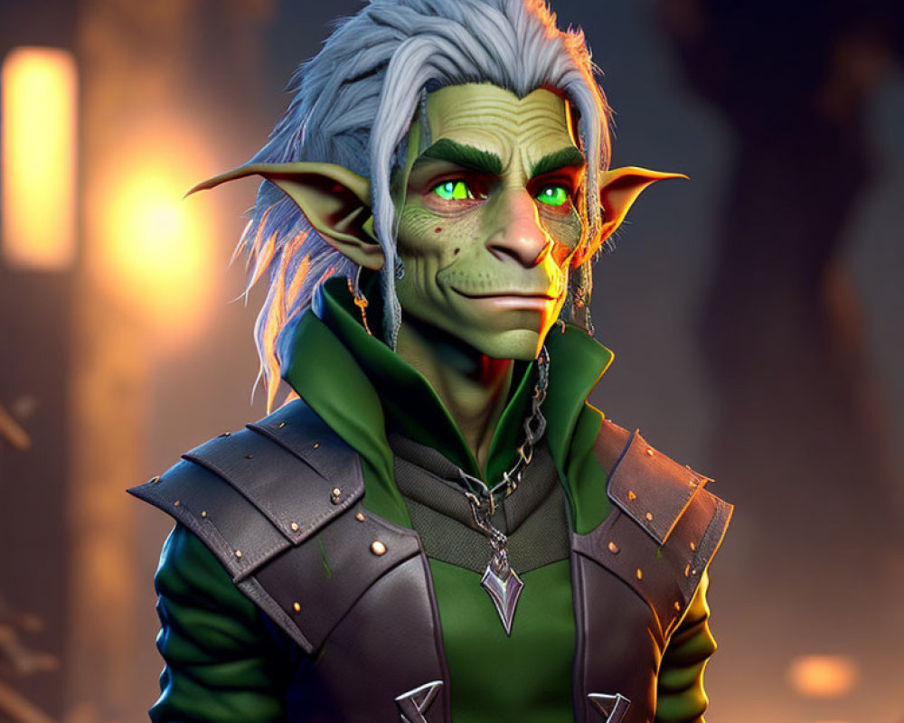 Fantasy character with green skin and pointed ears in leather outfit