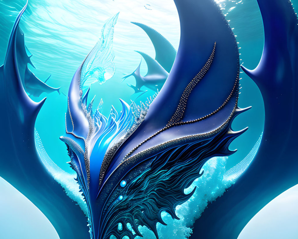 Mythical sea creature with large blue fins in icy ocean.