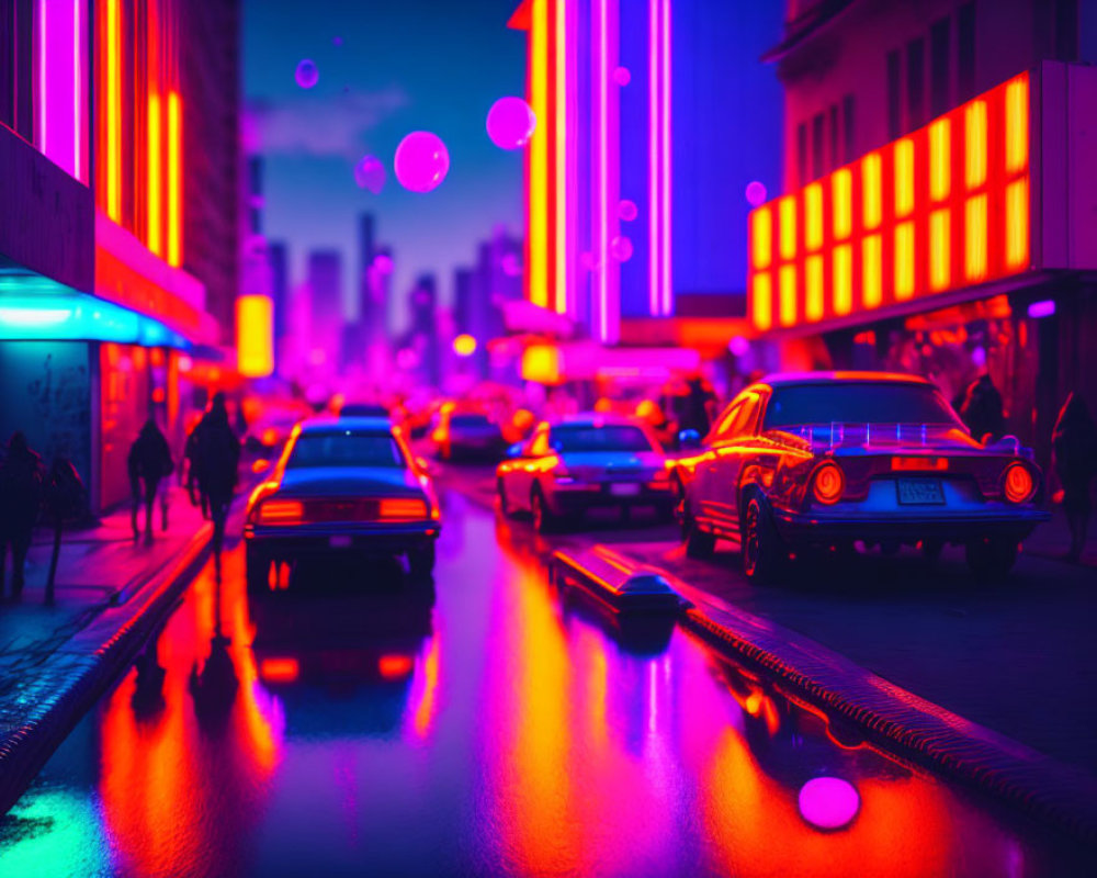 Vibrant Neon-lit Urban Street Scene at Night