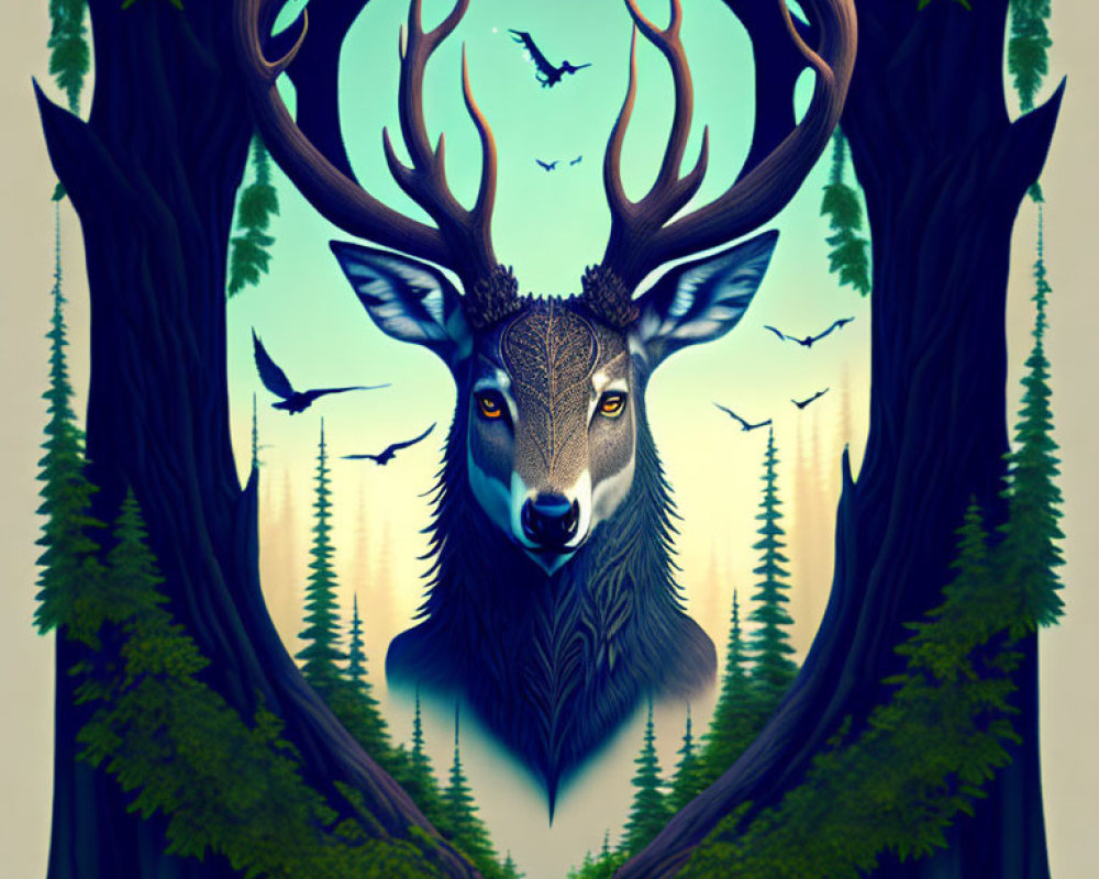 Symmetrical surreal artwork: stag with forest landscape and bird antlers