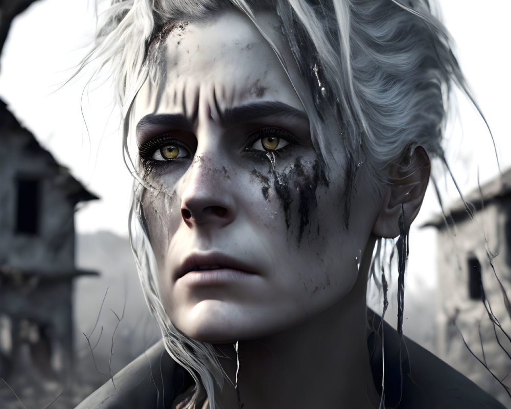 Digital artwork: Woman with white hair and black smudges, intense gaze on bleak background