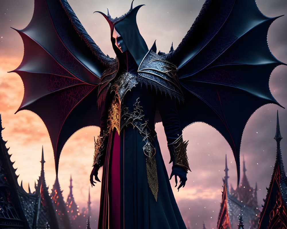 Majestic figure with large wings in dark cloak at gothic castle