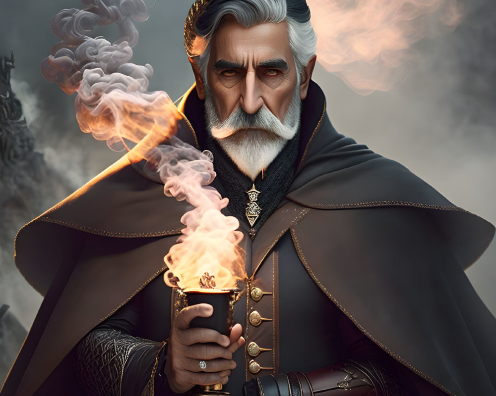 Elderly man with white beard holding mystical flame chalice in fantasy illustration