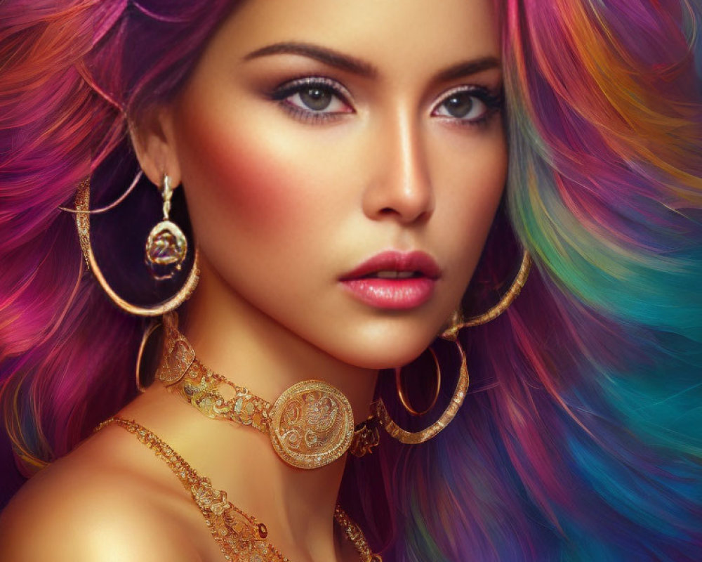 Vibrant multicolored hair and bold makeup with golden jewelry.