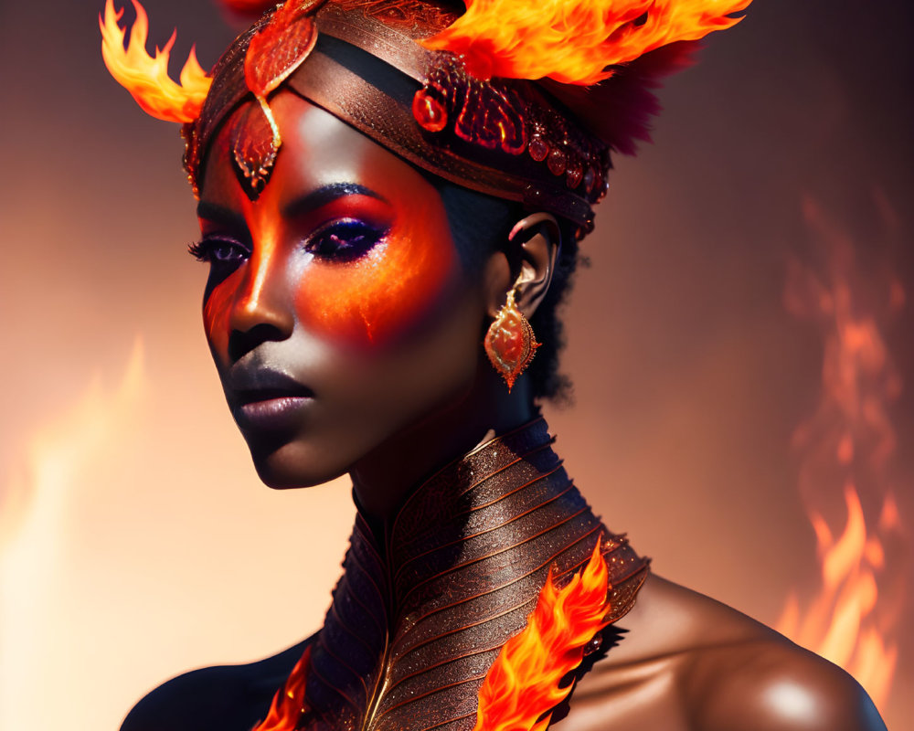 Digital artwork of woman with fiery makeup, feathered headpiece, and flame motifs against flames