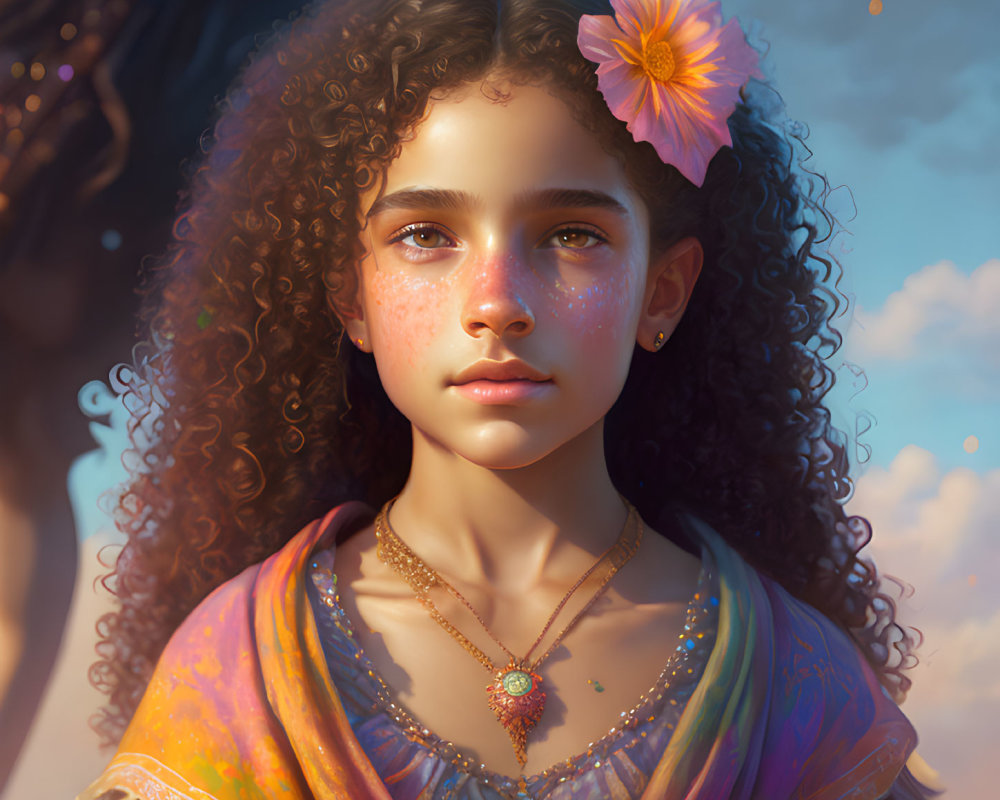 Young girl with curly hair, flower, colorful scarf, necklace, dreamy expression against cloudy sky