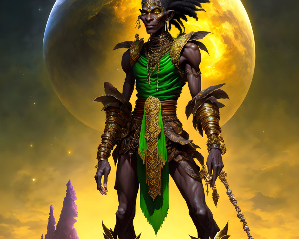 Dark-skinned warrior with tribal adornments in mystical moon backdrop