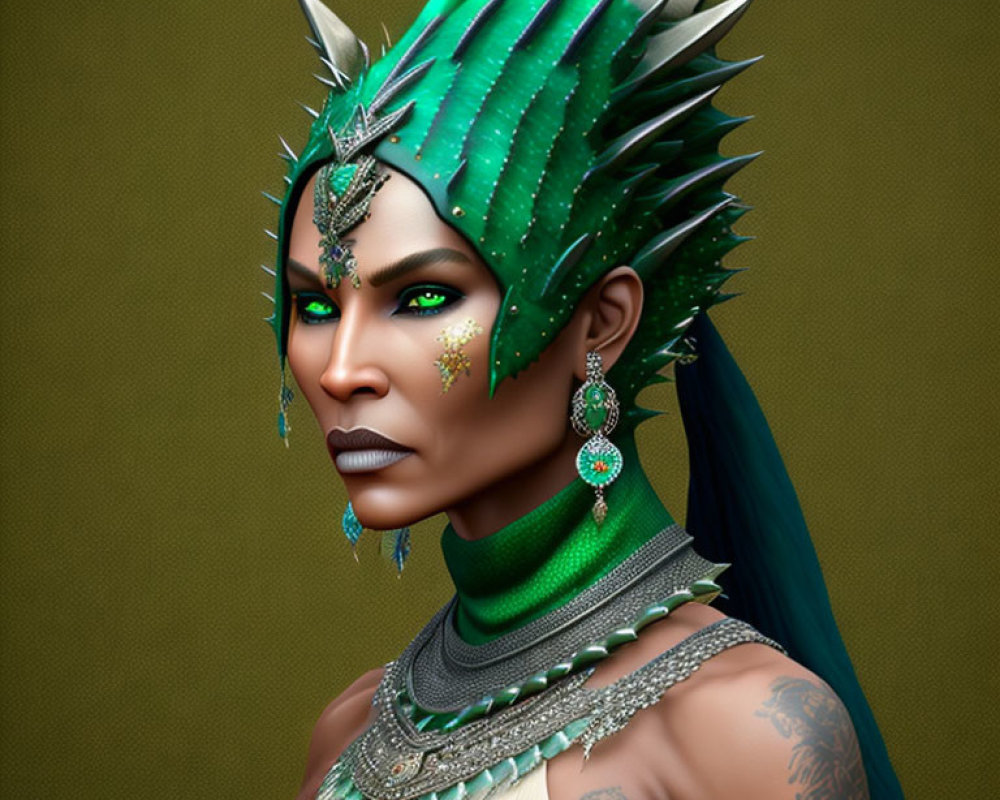 Digital portrait of woman with green spiked headpiece, tribal tattoos, emerald jewelry, and determined gaze