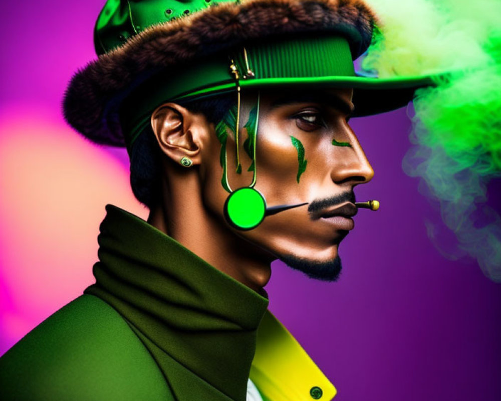 Fashionable individual in green hat and coat exhales vibrant green smoke on purple backdrop