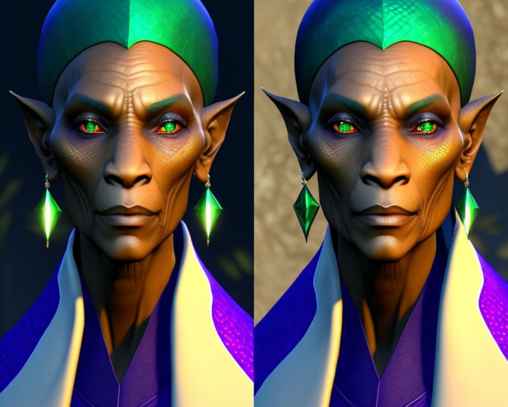 Fictional character with pointed ears and green skin in blue and white outfit