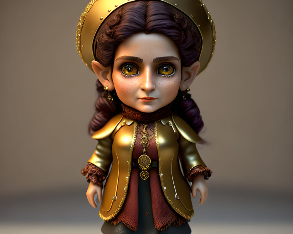 Stylized 3D character in golden vest, brown jacket, and detailed hat