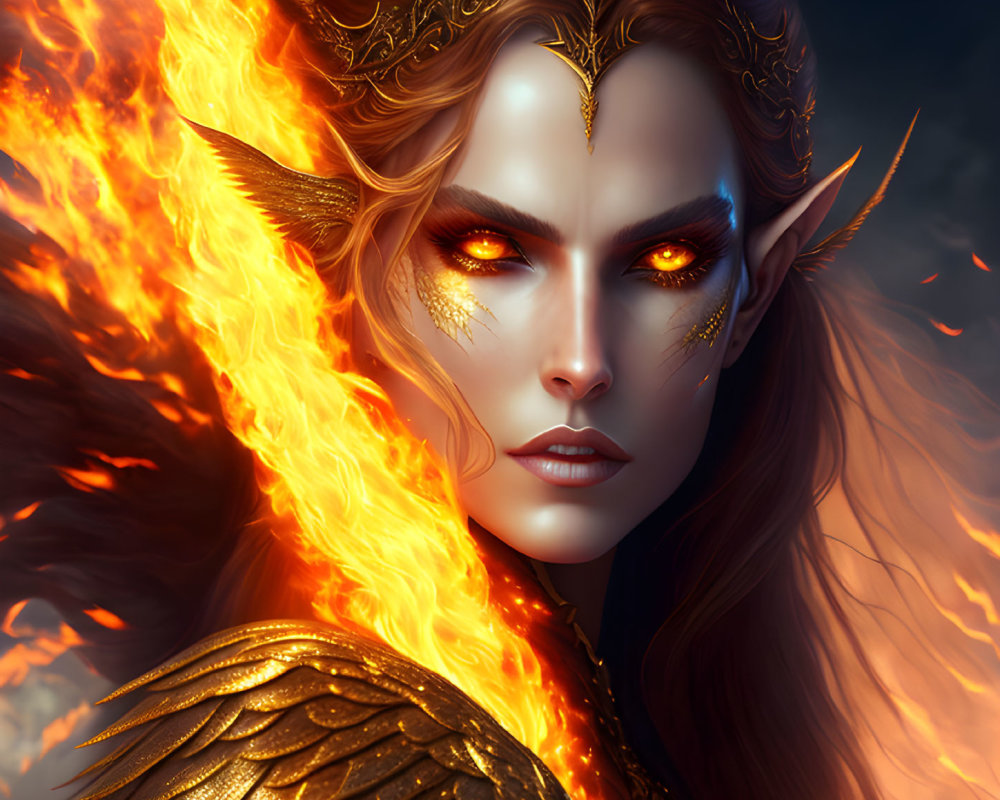 Fantasy elf digital portrait with golden eyes and fiery wings