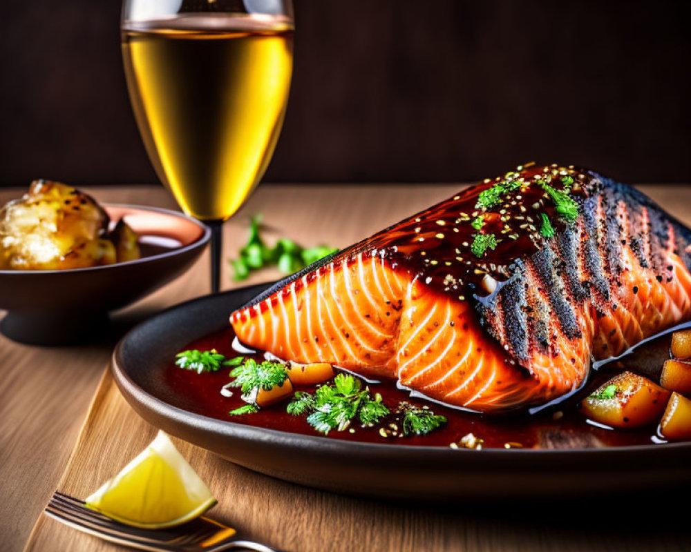 Grilled Salmon Fillet with Herbs, Sesame Seeds, Potatoes, and White Wine