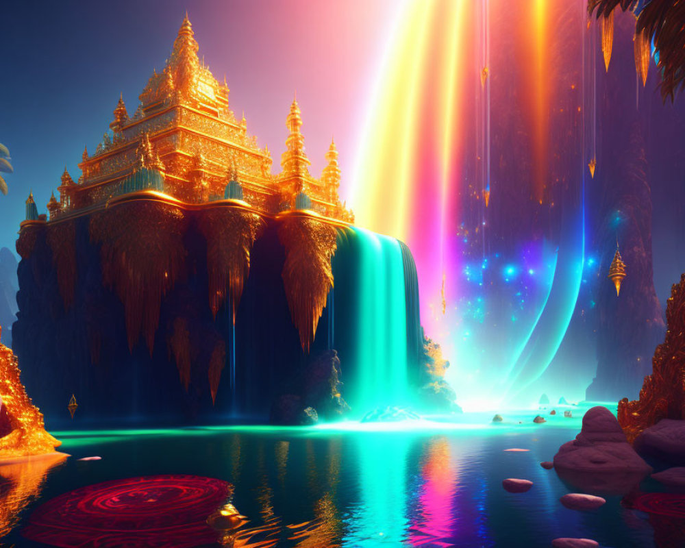 Golden temple on waterfall in luminous fantasy landscape