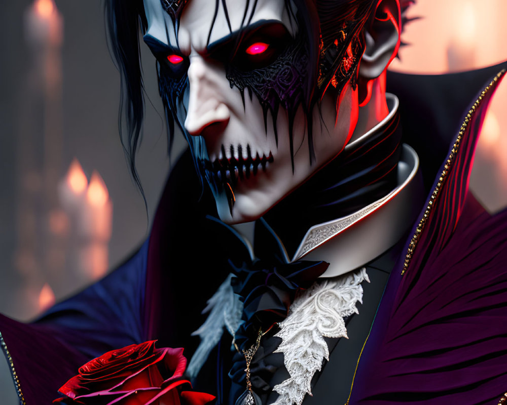 Gothic vampire with red eyes, fangs, holding a red rose in dark suit