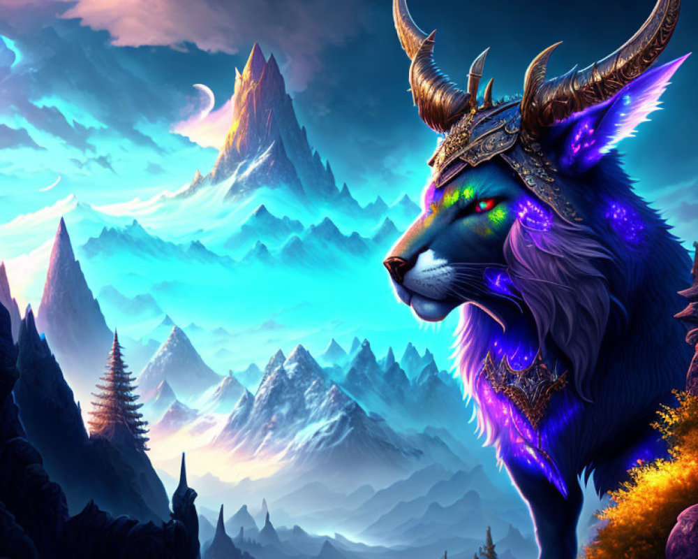 Colorful horned wolf overlooks fantasy landscape with mountains and crescent moon