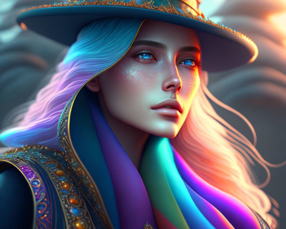 Portrait of woman with blue hair, glowing skin, decorated hat, colorful outfit