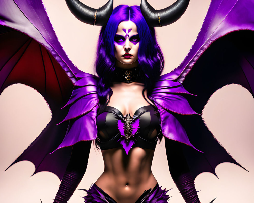 Purple-skinned demon female character in dark armor costume on pink background