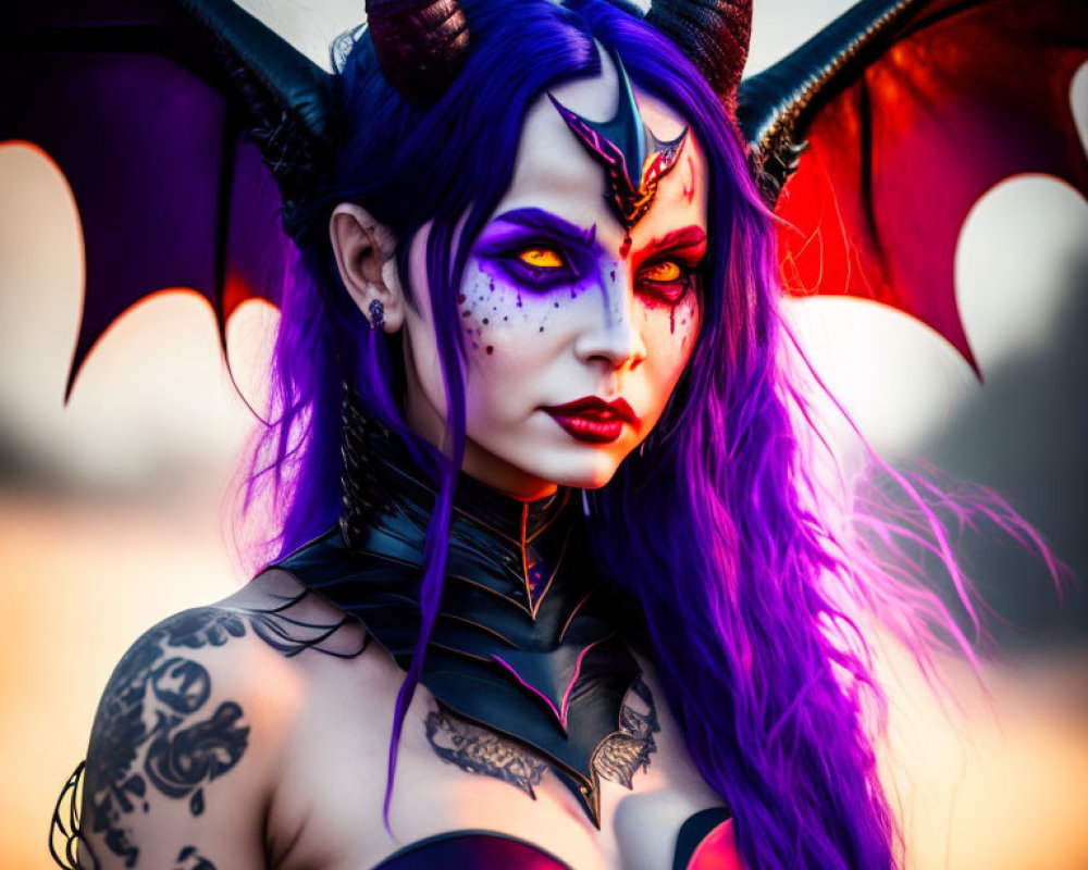 Fantasy demon character with purple hair, horns, wings, and dark makeup