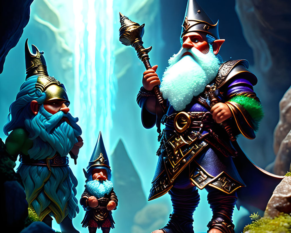 Stylized dwarf figures in detailed armor in mystical cave with glowing blue crystal.