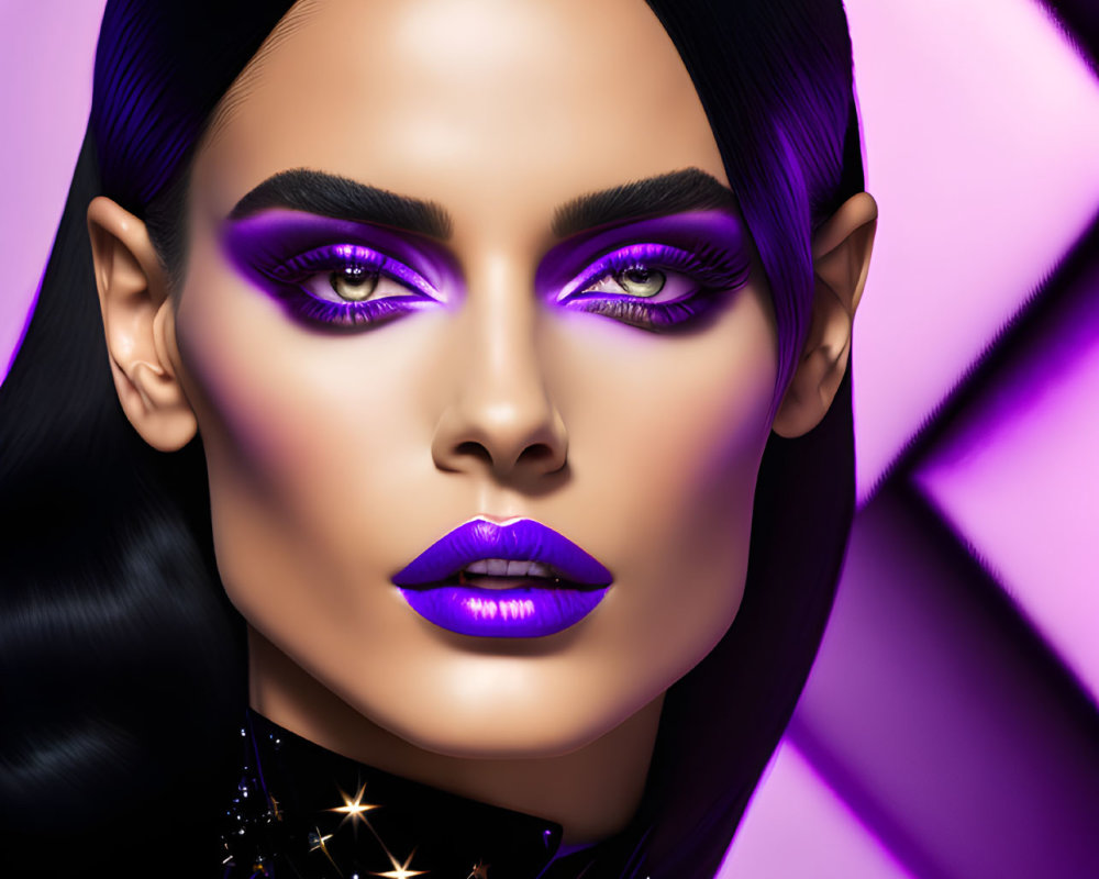 Digital artwork featuring woman with black hair, purple makeup, star choker, on geometric background