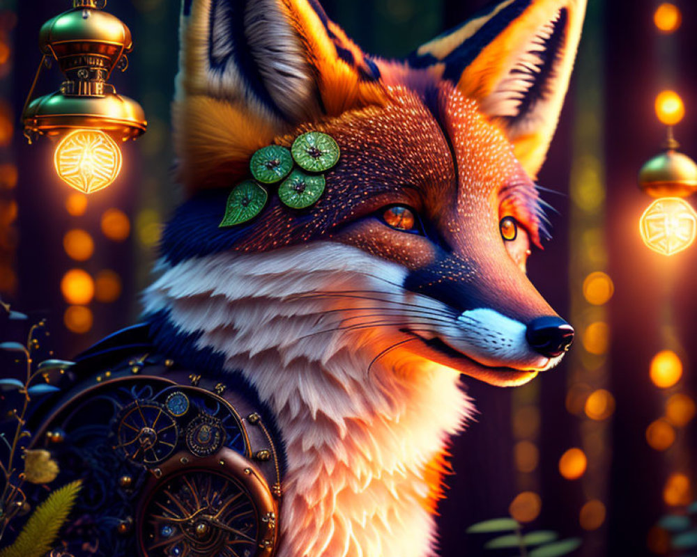 Illustration of anthropomorphic fox in armor with lanterns in twilight forest