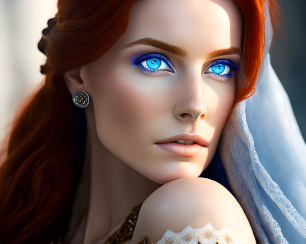 Digital portrait of woman with blue eyes, red hair, gold-trimmed attire, and blue veil