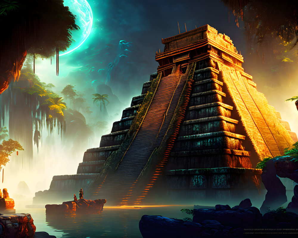 Ancient pyramid in mystical jungle setting with glowing moon