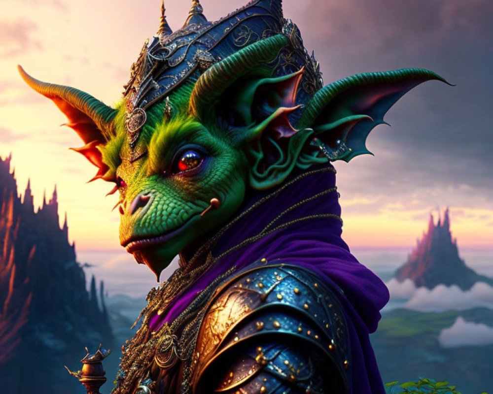 Green-skinned fantasy creature in ornate armor on mystical landscape.