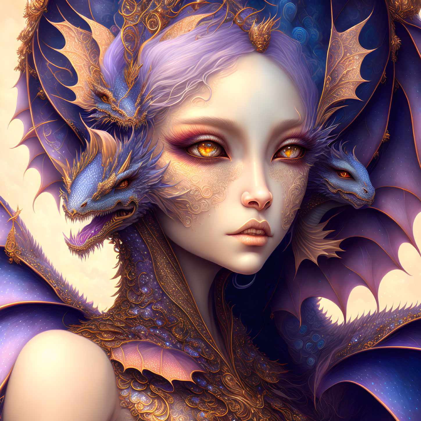 Mystical figure with purple hair and golden eyes surrounded by blue dragons in purple and gold setting