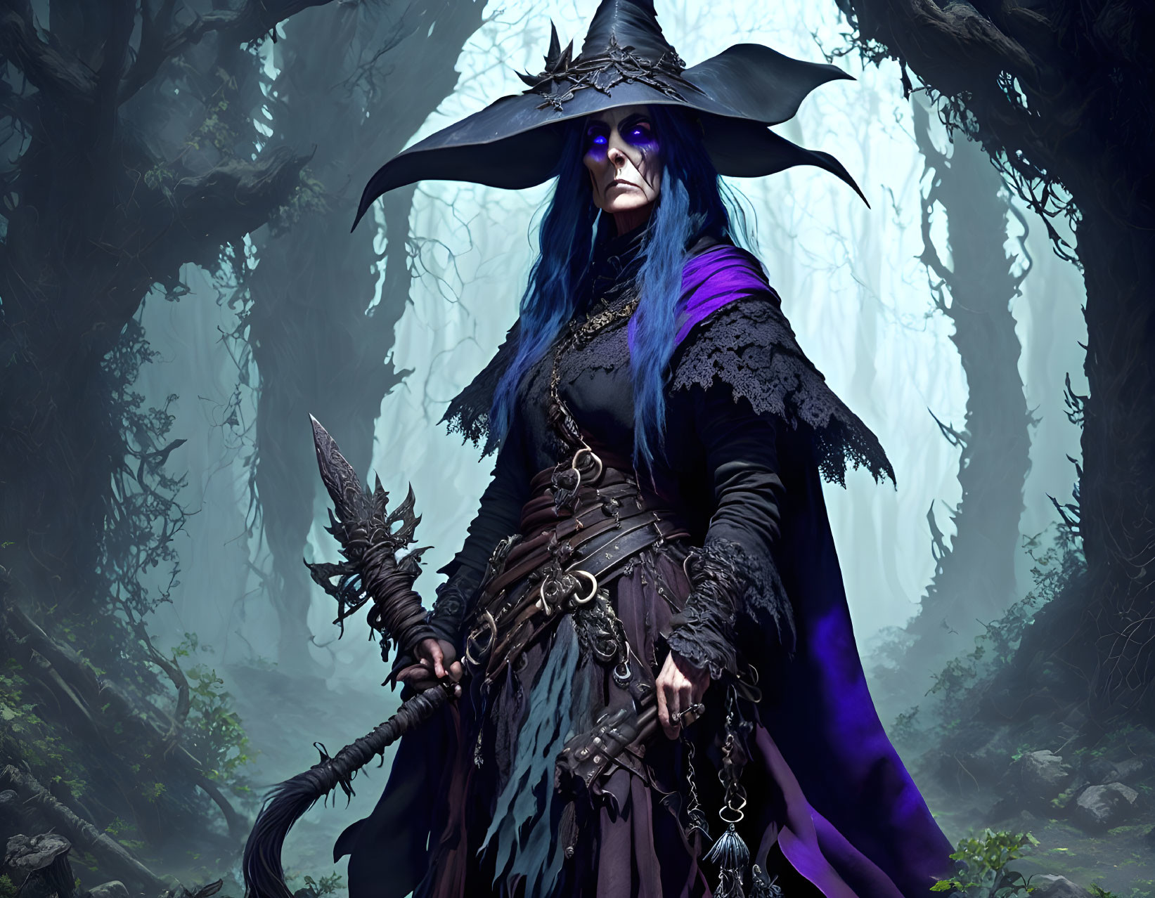 Fantasy witch digital artwork: blue skin, long hair, black and purple cloak, staff, mist