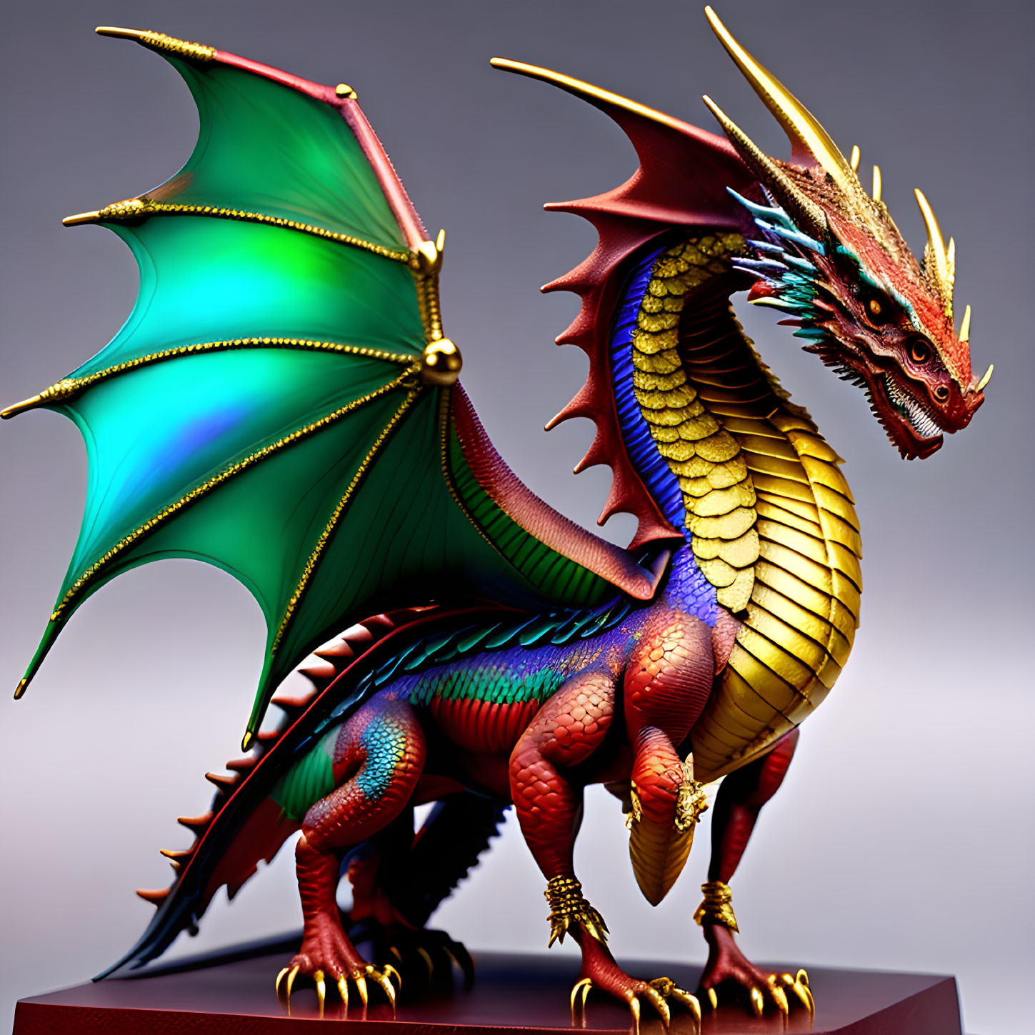 Colorful Dragon Figure with Iridescent Wings and Scales on Grey Background