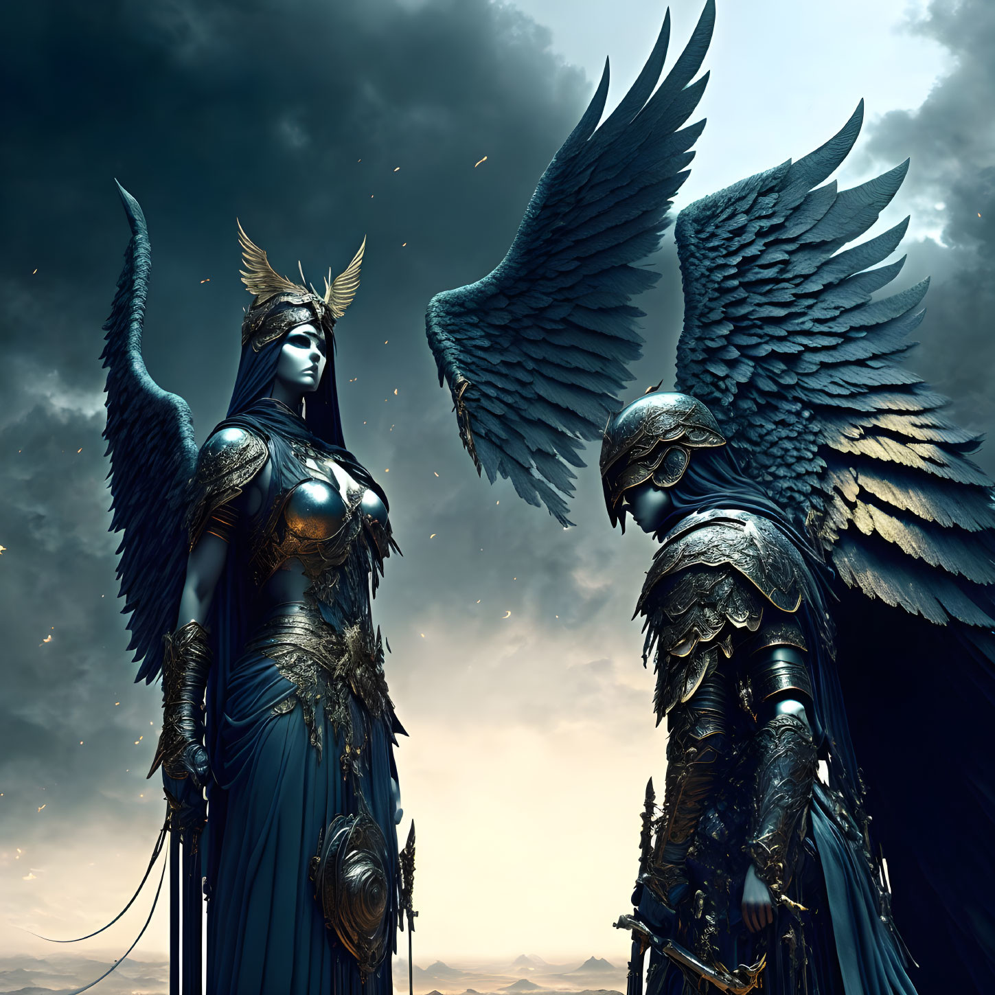 Armored figures with wings in dramatic sky scene.