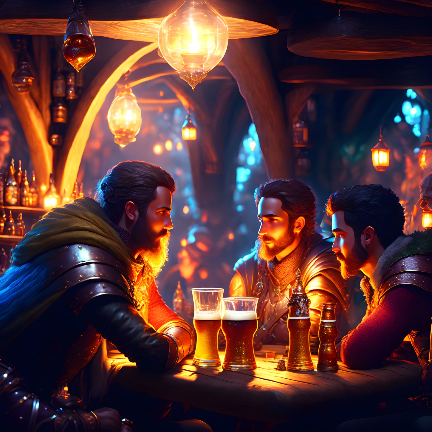 Medieval-themed fantasy tavern scene with three bearded individuals conversing over drinks