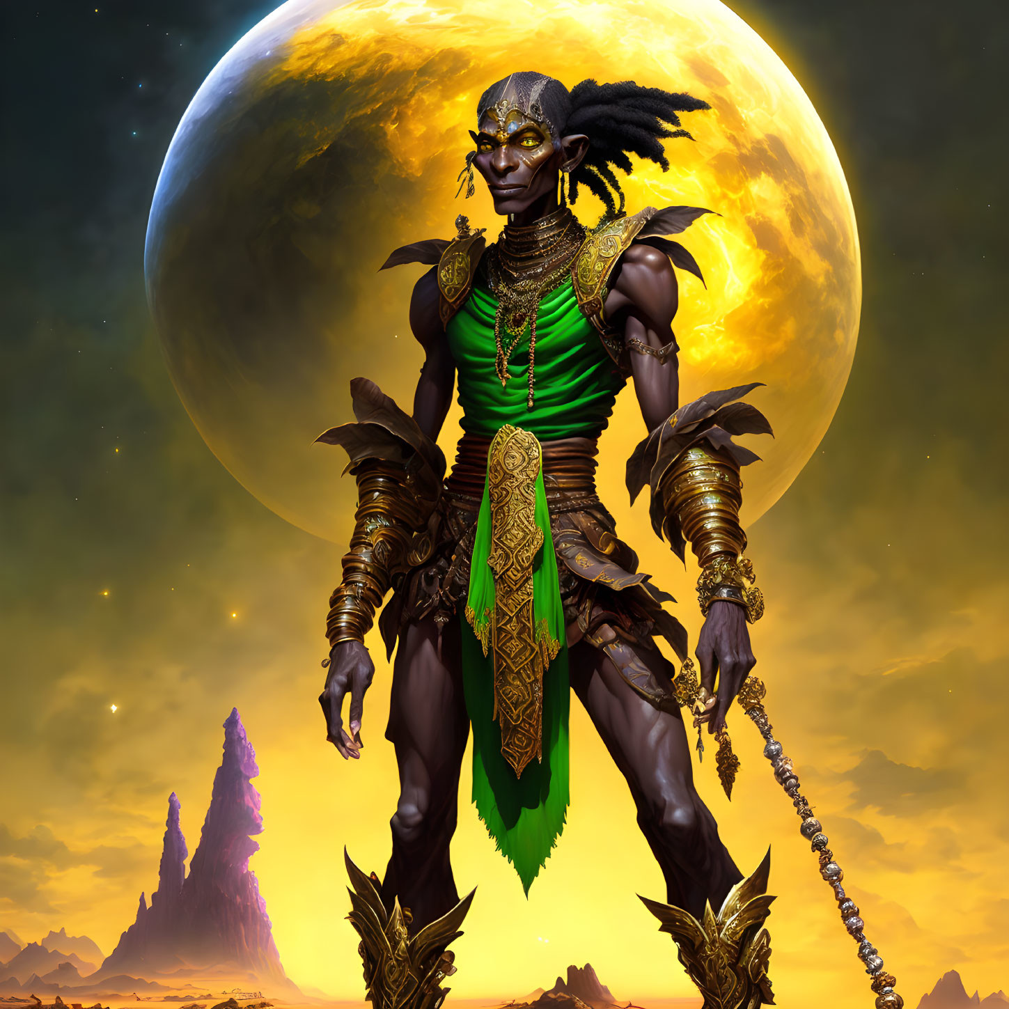 Dark-skinned warrior with tribal adornments in mystical moon backdrop