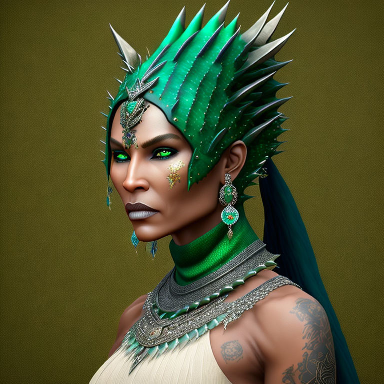 Digital portrait of woman with green spiked headpiece, tribal tattoos, emerald jewelry, and determined gaze