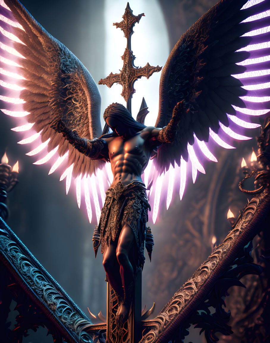 Muscular angel with dark wings and glowing cross in gothic setting