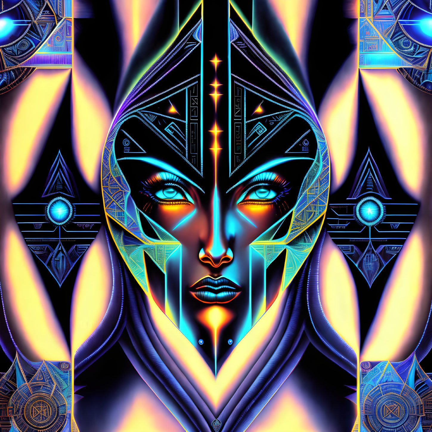 Symmetrical futuristic face with geometric patterns in neon blue and orange