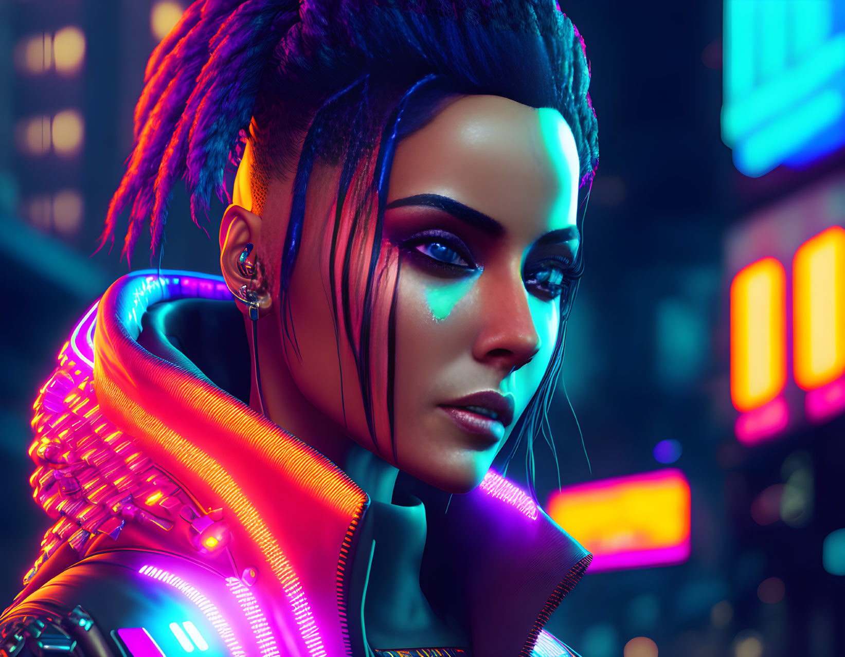 Colorful-haired woman in cyberpunk makeup with neon-lit urban backdrop