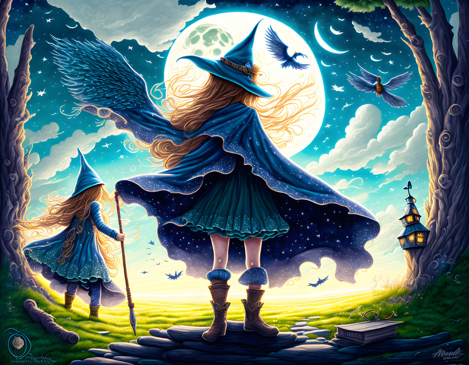 Fantastical illustration featuring two witches in moonlit forest with owls, book, and magical energy