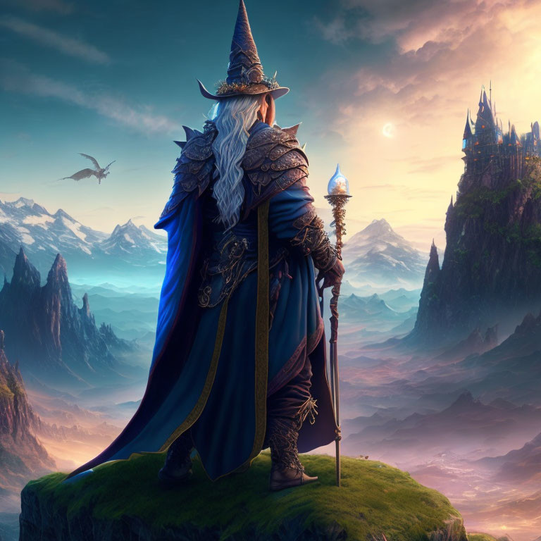 Majestic wizard in blue cloak on hill with staff, overlooking fantasy landscape