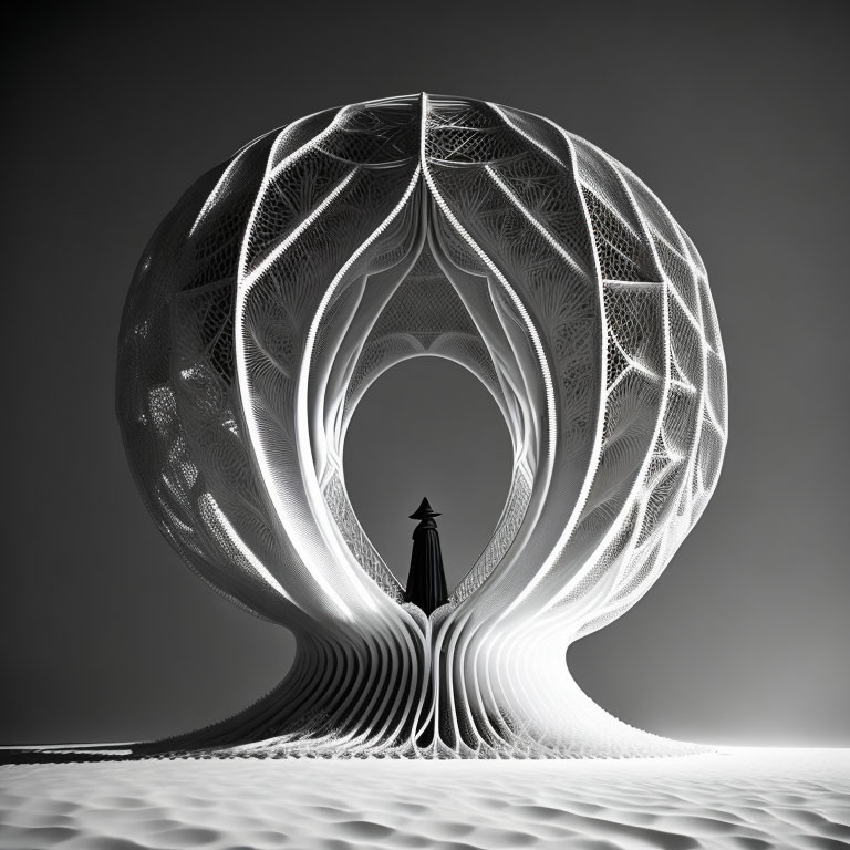 Monochrome image of person at entrance of spherical fractal sculpture