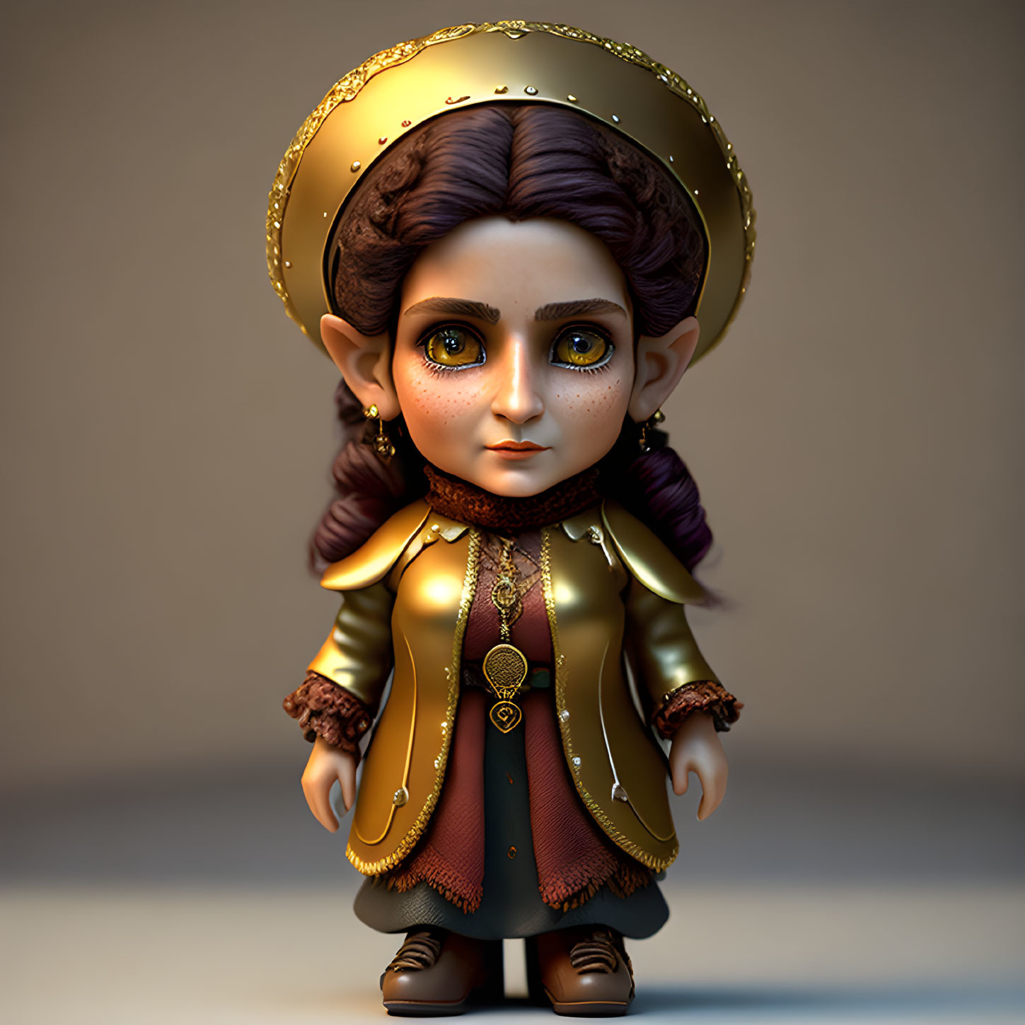 Stylized 3D character in golden vest, brown jacket, and detailed hat