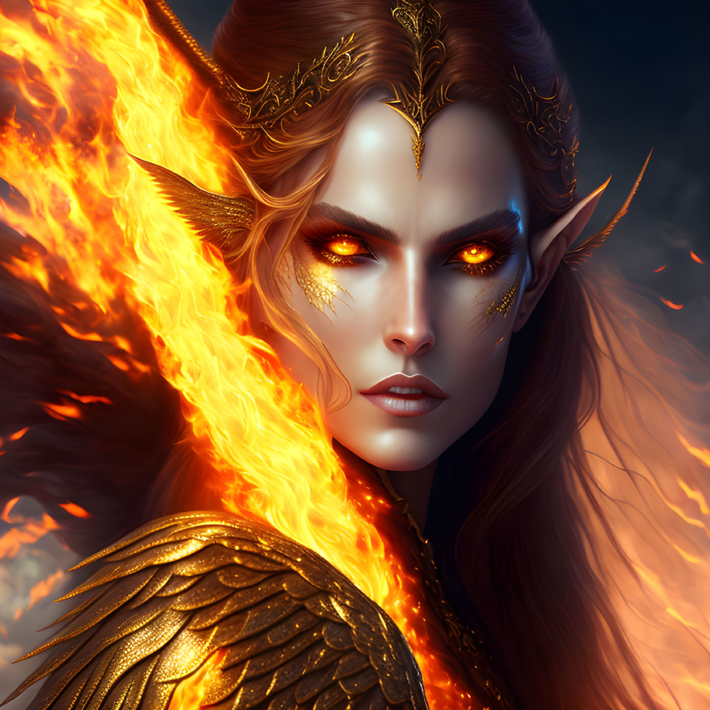 Fantasy elf digital portrait with golden eyes and fiery wings