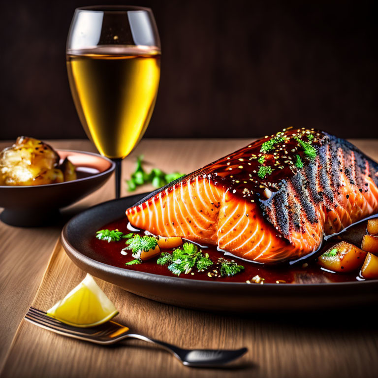 Grilled Salmon Fillet with Herbs, Sesame Seeds, Potatoes, and White Wine