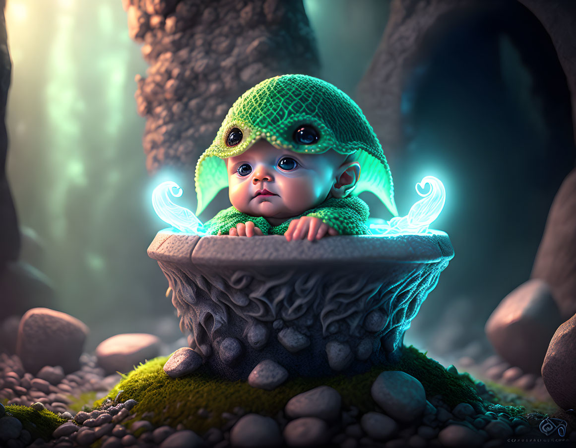 Digital artwork of cute baby in turtle costume with glowing creatures in mystical forest